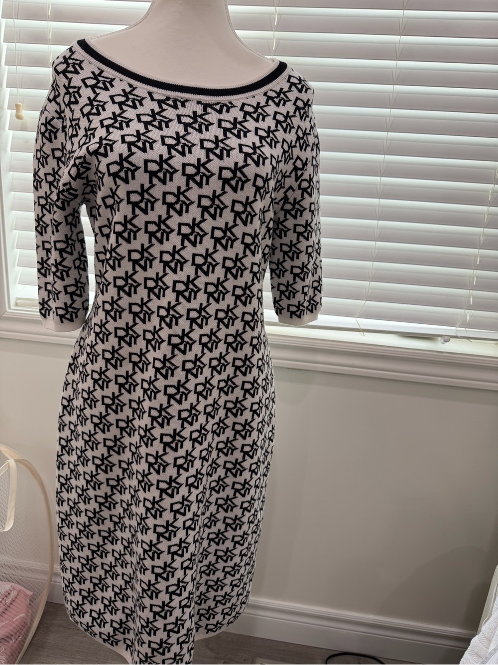 DKNY Black and White Logo Knit Midi Dress